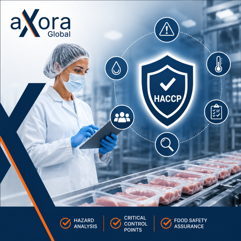 HACCP certification consultancy in Pakistan for food safety hazard analysis, critical control points, hygiene control, and audit readiness by Axora Global